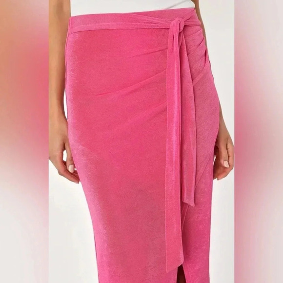 Lulus Pink Tie-Front Faux Wrap Midi Skirt - Picture 3 of 5